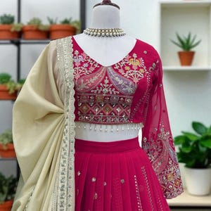 Rani Pink Embroidered Lehenga Choli: Faux Georgette Wedding Party Wear