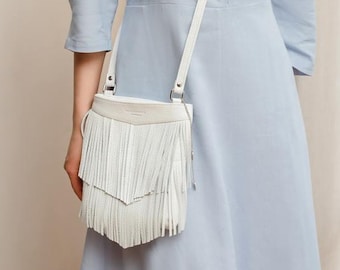 White Leather Fringe Crossbody Bag: Boho Festival Style