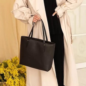 Leather Tote Bag for Women – Stylish Large Shopper with Zipper – Dark Brown Handbag for Everyday Use – Minimalist Large Shopper