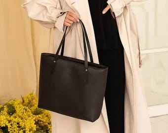 Chocolate Leather Tote Bag: Large Dark Brown Minimalist Shopper