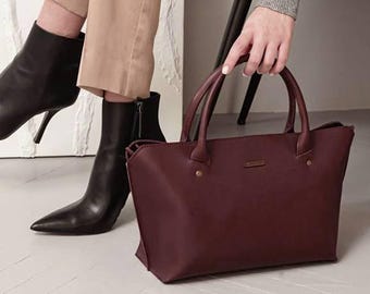 Burgundy Leather Tote Bag: Structured Handmade Crust Leather Handbag