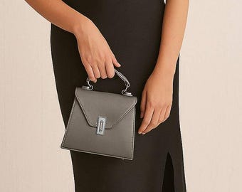 Gray Leather Handbag – Minimalist Crossbody Purse – Genuine Leather Top Handle Bag