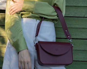 Handmade Burgundy Leather Crossbody Bag – Genuine Leather Shoulder Purse with Two Straps