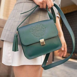Leather Crossbody Bag with Indian Mandala Embossing – Handmade Krast Leather Purse – Stylish Satchel with Compartments – Boho crossbody