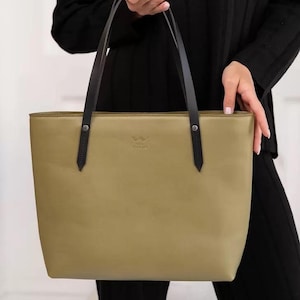 Leather Tote Bag for Women – Stylish Large Shopper with Zipper – Olive Green Handbag for Everyday Use – Minimalist Large Shopper
