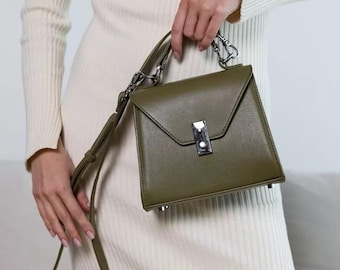 Olive Leather Handbag – Minimalist Crossbody Purse – Genuine Leather Top Handle Bag