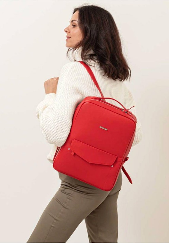 Handmade Red Distressed Leather Laptop Backpack Handcrafted Red Leather Backpack: Laptop Rucksack, Hiking  main image 4