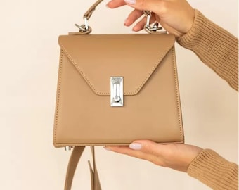 Beige Leather Handbag – Minimalist Crossbody Purse – Genuine Leather Top Handle Bag