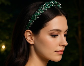 Fascia per capelli in cristallo verde smeraldo: tiara con perline realizzata a mano, corona da sera per capelli