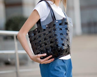 Bolsa tote preta de tecido – Bolsa de compras de couro feita à mão – Bolsa de ombro grande – Bolsa com zíper e bolsos