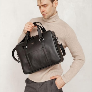 Black Leather Laptop Bag – Briefcase for Men – Krast Leather Messenger for Documents – Messenger Bag for Men & Women – Bag for MacBook