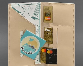 Cartera de viaje de cuero genuino: organizador para pasaporte y ranuras para tarjetas