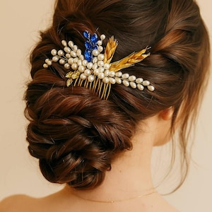 Gold Wheat & Pearl Hair Comb: Blue Crystal Bridal Hairpiece