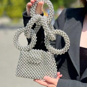 Handmade Beaded Bag – Unique Silver Bead Purse with Statement Handles | Evening Bag | Elegant Beaded Handbag