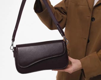 Burgundy Leather Shoulder Bag with Wave Flap | Handmade Purse