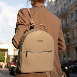 Beige Convertible Leather Backpack Purse for Women – Genuine Leather bag – Transforms into Crossbody Shoulder Bag – Leather backpack purse