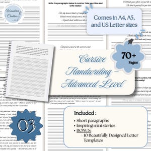 Może przedstawiać: Zeszyt do pisania kursywą zatytułowany "Cursive Handwriting - Advanced Level". Zeszyt zawiera krótkie akapity, inspirujące mini opowiadania i 10 szablonów listów. Zeszyt jest dostępny w formatach A4, A5 i US Letter. Zeszyt ma ponad 70 stron.