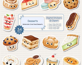 Watercolor Food Clipart Dessert Clipart Sweets PNG Transparent Cozy Sticker Sheet Sweets Clipart Food and Beverage Illustrations