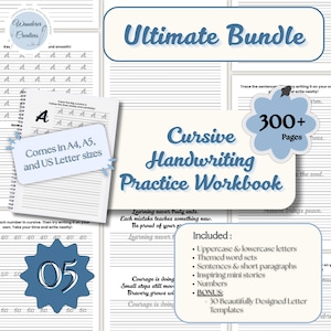 Op de afbeelding: Cursive handschrift oefenwerkboekbundel met meer dan 300 pagina's. Bevat hoofdletters en kleine letters, thematische woordensets, zinnen, korte alinea's, inspirerende miniverhalen en cijfers. Verkrijgbaar in A4-, A5- en US Letter-formaten.