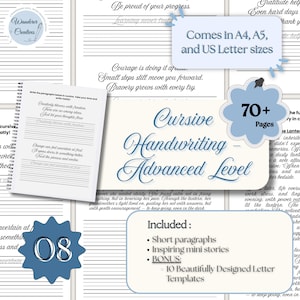 Może przedstawiać: Zeszyt do pisania kursywą zatytułowany "Cursive Handwriting - Advanced Level". Zawiera krótkie akapity, inspirujące mini-historie i 10 szablonów listów. Dostępny w formatach A4, A5 i US Letter. Okładka jest jasnoniebieska.