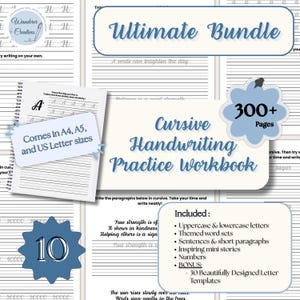 May include: A cursive handwriting practice workbook bundle with over 300 pages. Includes uppercase and lowercase letters, themed word sets, sentences, short paragraphs, mini stories, and numbers. Available in A4, A5, and US Letter sizes.