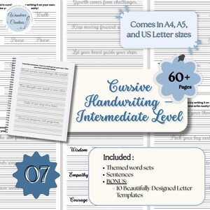 May include: A cursive handwriting workbook with the title "Cursive Handwriting - Intermediate Level" and the text "Comes in A4, A5, and US Letter sizes". The workbook includes themed word sets, sentences, and bonus letter templates.