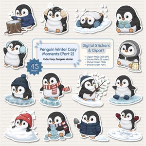 Pode incluir: Uma coleção de autocolantes digitais e clipart com pinguins de desenho animado em trajes de inverno. Os pinguins são retratados em várias cenas aconchegantes, usando chapéus, cachecóis e segurando itens de inverno. A imagem inclui o texto "Penguin Winter Cozy Moments (Part 2)".