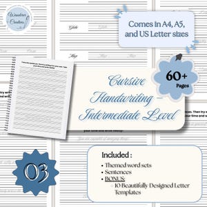 Op de afbeelding: Een cursief handschriftwerkboek, gemiddeld niveau, met meer dan 60 pagina's. Bevat thematische woordensets, zinnen en bonus letter sjablonen. Verkrijgbaar in A4, A5 en US Letter formaten. Het werkboek heeft een spiraalbinding.