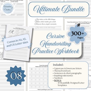 Könnte beinhalten: Ein Übungsheft-Bundle für Schreibschrift mit über 300 Seiten. Enthält Groß- und Kleinbuchstaben, thematische Wortgruppen, Sätze und kurze Absätze, inspirierende Mini-Geschichten und Zahlen.