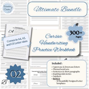 May include: A cursive handwriting practice workbook bundle with over 300 pages. Includes uppercase and lowercase letters, themed word sets, sentences, short paragraphs, inspiring mini stories, and numbers. Available in A4, A5, and US Letter sizes.