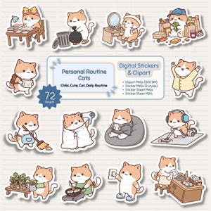 May include: A collection of digital stickers and clipart featuring cartoon cats engaged in various daily activities. The stickers include cats studying, cleaning, cooking, and relaxing. Text on the image reads "Personal Routine Cats" and "Digital Stickers & Clipart".