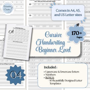 Op de afbeelding: Een werkboek voor het leren van cursief schrift, met oefenpagina's en de tekst "Cursive Handwriting - Beginner Level". Bevat hoofdletters en kleine letters, cijfers en letter sjablonen. Verkrijgbaar in A4, A5 en US Letter formaten.