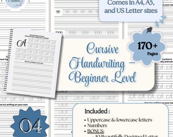 May include: A spiral-bound workbook with handwriting practice pages. The cover features the text "Cursive Handwriting - Beginner Level." Includes uppercase and lowercase letters, numbers, and letter templates. The workbook comes in A4, A5, and US Letter sizes.