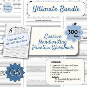 May include: A cursive handwriting practice workbook bundle with over 300 pages. The cover features the text "Ultimate Bundle" and "Cursive Handwriting Practice Workbook." Includes uppercase and lowercase letters, themed word sets, and inspiring stories. Available in A4, A5, and US Letter sizes.