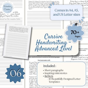 Pode incluir: Um caderno de caligrafia cursiva com o título "Cursive Handwriting - Advanced Level". O caderno inclui parágrafos curtos, mini-histórias inspiradoras e 10 modelos de letras lindamente projetados. Ele vem nos tamanhos A4, A5 e US Letter.