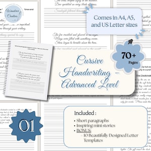 Könnte beinhalten: Ein Schreibheft für Kursivschrift mit dem Titel "Cursive Handwriting - Advanced Level". Das Bild zeigt ein Spiralnotizbuch mit linierten Seiten, eine blaue Sternburst-Grafik mit der Nummer "01" und eine Liste der enthaltenen Funktionen.