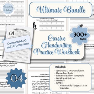 May include: A cursive handwriting practice workbook bundle with over 300 pages. The workbook includes uppercase and lowercase letters, themed word sets, sentences, short paragraphs, mini stories, and numbers. Comes in A4, A5, and US Letter sizes.