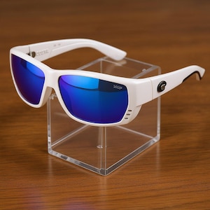 Puede incluir: Gafas de sol blancas con lentes azules espejadas. Las gafas tienen una montura rectangular con un dise&ntilde;o curvo y el texto "SSOP" es visible en la lente. Las gafas se exhiben en un soporte de acr&iacute;lico transparente.