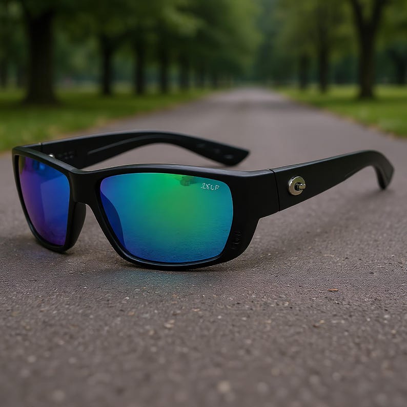 Puede incluir: Gafas de sol negras con lentes espejadas que reflejan tonos azules y verdes. Las gafas tienen una montura rectangular y un dise&ntilde;o curvado. La marca "2XUP" es visible en la lente.