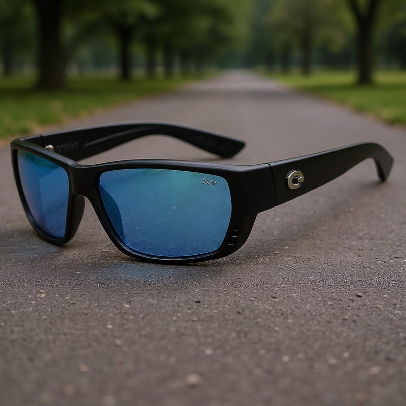 Puede incluir: Gafas de sol negras con lentes azules sobre una superficie gris. Las gafas tienen una montura rectangular y un dise&ntilde;o curvo. Las lentes reflejan un color azul brillante. El logotipo de la marca es visible en la patilla.