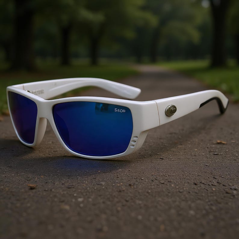 Puede incluir: Gafas de sol blancas con lentes azules espejadas. La montura rectangular tiene el texto "580P". Las patillas blancas tienen una punta negra. Las gafas est&aacute;n sobre un camino.
