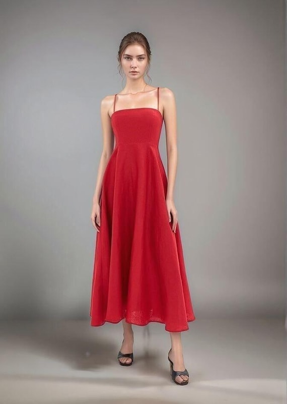 Red Linen Maxi Dress: Handmade Spaghetti Strap Summer Sundress - Etsy
