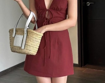 Handmade Linen Midi Dress: Minimalist Short Sleeve Summer Dress