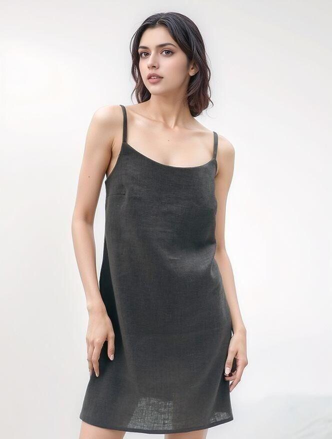 linen sleeveless mini dress White Linen Square Neckline Mini Dress M main image 1