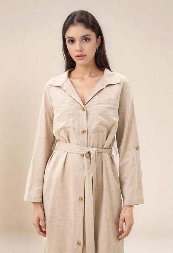 Beige Linen Shirt Dress: Long Sleeve Midi Autumn Dress - Etsy