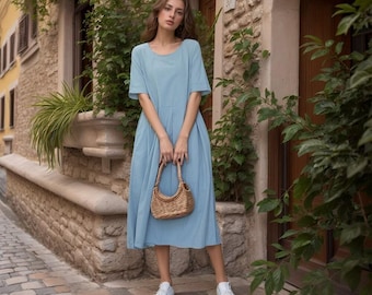 knee length dresses for ladies Elegant Dresses Literature Casual Loose Maxi Party Dresses Cotton Blen