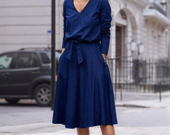 Handmade Linen Midi Dress: Navy Blue Summer Casual with Pockets