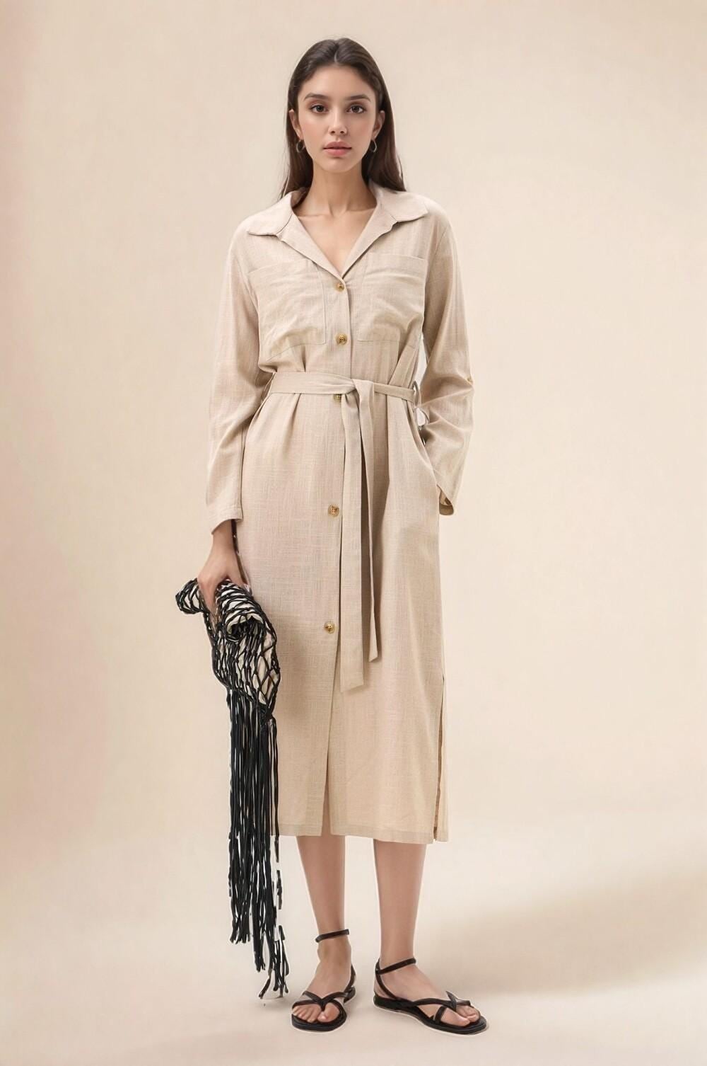 Beige Linen Shirt Dress: Long Sleeve Midi Autumn Dress - Etsy