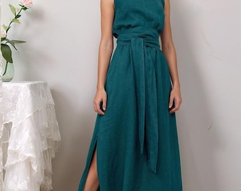 Sleeveless Linen Dress, Belted Summer Midi Dress, Minimalist Linen Clothing, Casual Resort Wear