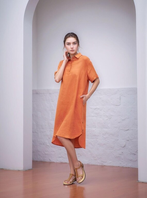 Handmade Linen Shirt Dress: Orange Collared Midi with Belt